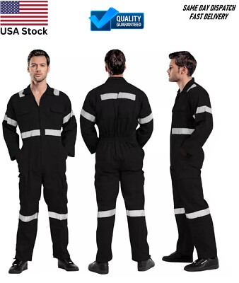 Black Work Wear Overall Safety Coverall Mechanics Reflector Protective Jump Suit
