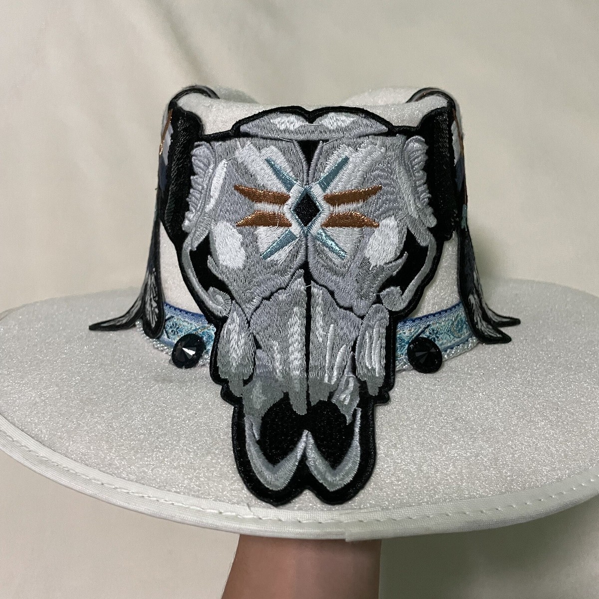 Payso Concept Cowgirl Cream and Blue Cow Stamp Hat Size M Payso Concept Cream And Blue Cow Stamp Cowgirls Hat Size M  main image 2