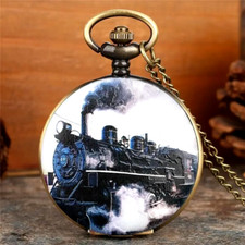 Retro Train Pattern Quartz Pocket Watch Chain Pendant Holiday Gift Family Friend