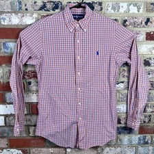 Ralph Lauren Custom Fit Button Up Dress Shirt Orange Blue Striped Size Small