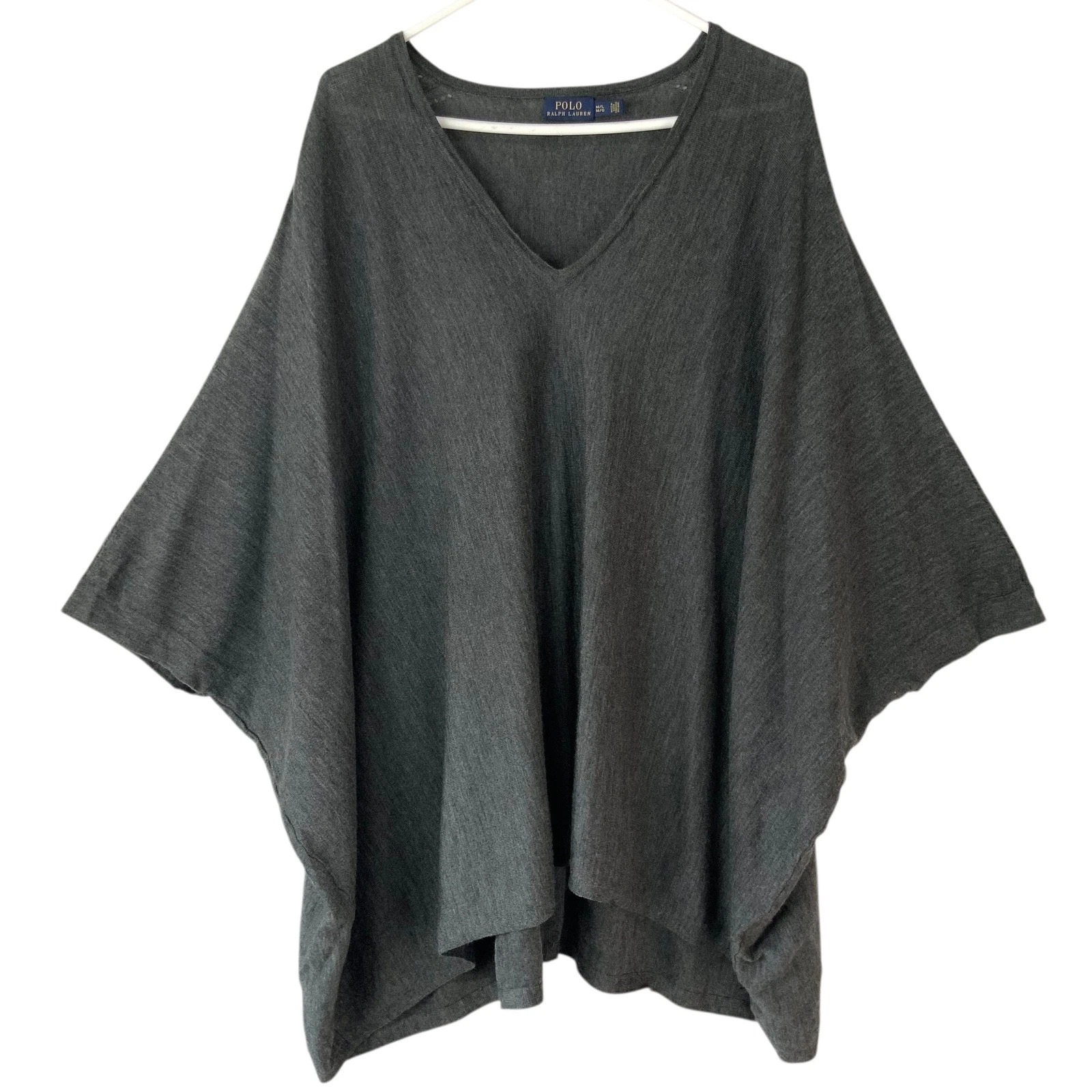Polo Ralph Lauren Gray Merino Wool Poncho M/L Pullover V-Neck Dolman Oversized