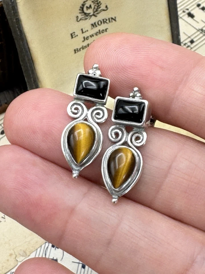 Винтажные серьги 925 пробы с надписью тигровый глаз оникс находка для недвижимости - Изображение 2 из 4