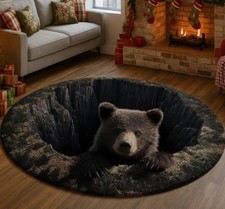 3D Deep Forest Canyon Bear Rug, Woodland Animal Cave Carpet, Cute Brown Bear