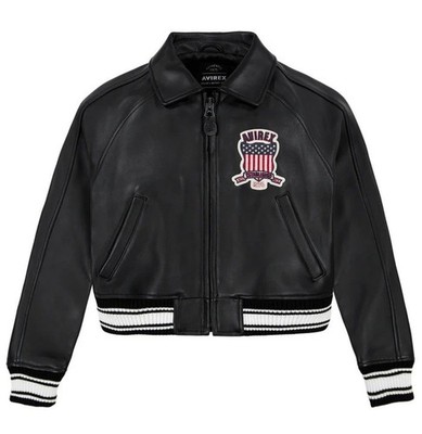Women s Avirex Black Cropped Icon Flight Bomber Genuine Cowhide Leather Jacket