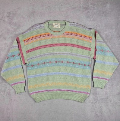 Vintage 90er Mission Fair Isle Struktur Strick Pullover Damen XL grün bunt