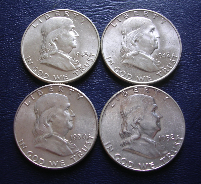 1948 1948-D 1950 & 1952 BU FRANKLIN HALF DOLLARS