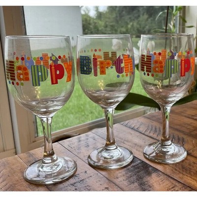 Three Happy Birthday Wine Glasses - Used Mint Condition! Colorful!