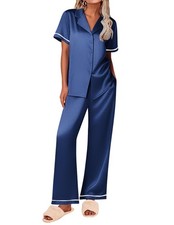 Women's Silk Pajamas Set Short Sleeve Satin Pjs 2 Piece Soft Loungewear with ...