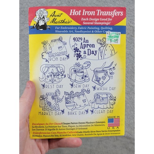 Aunt Martha's Hot Iron Transfers 4029 An Apron a Day Days of the Week Embroidery