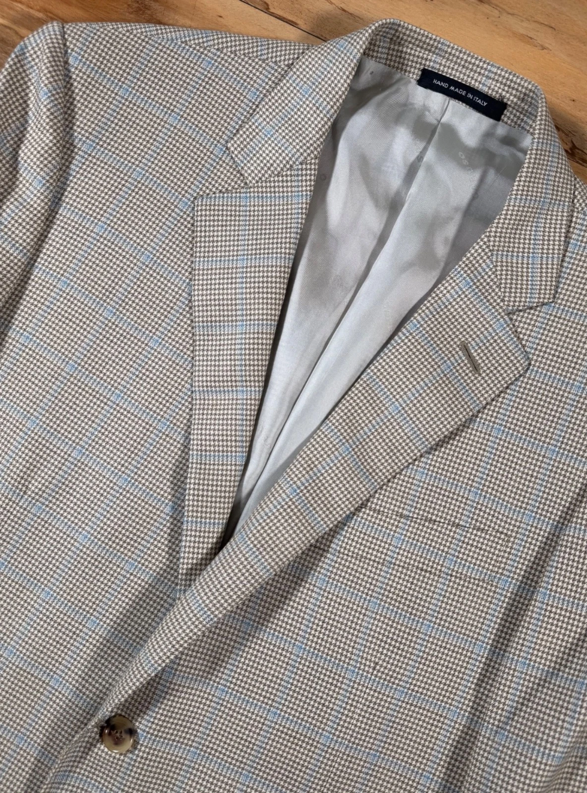 Raffaele Caruso Taupe Baby Blue Houndstooth Loro Piana S120s Wool Sport Coat 44R