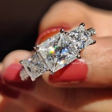 2 Ct Princess Cut Moissanite 3 Stone Pave Engagement Ring 925 Sterling Silver