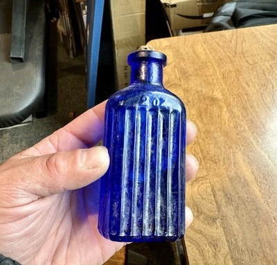 Pretty Antique 1920s Era Ribbed Cork Top Poison Bottle 2 Oz Size Nice Dump Dug