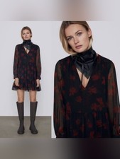 Zara Black Red Floral Sheer Sleeve Mini Dress Women's XS