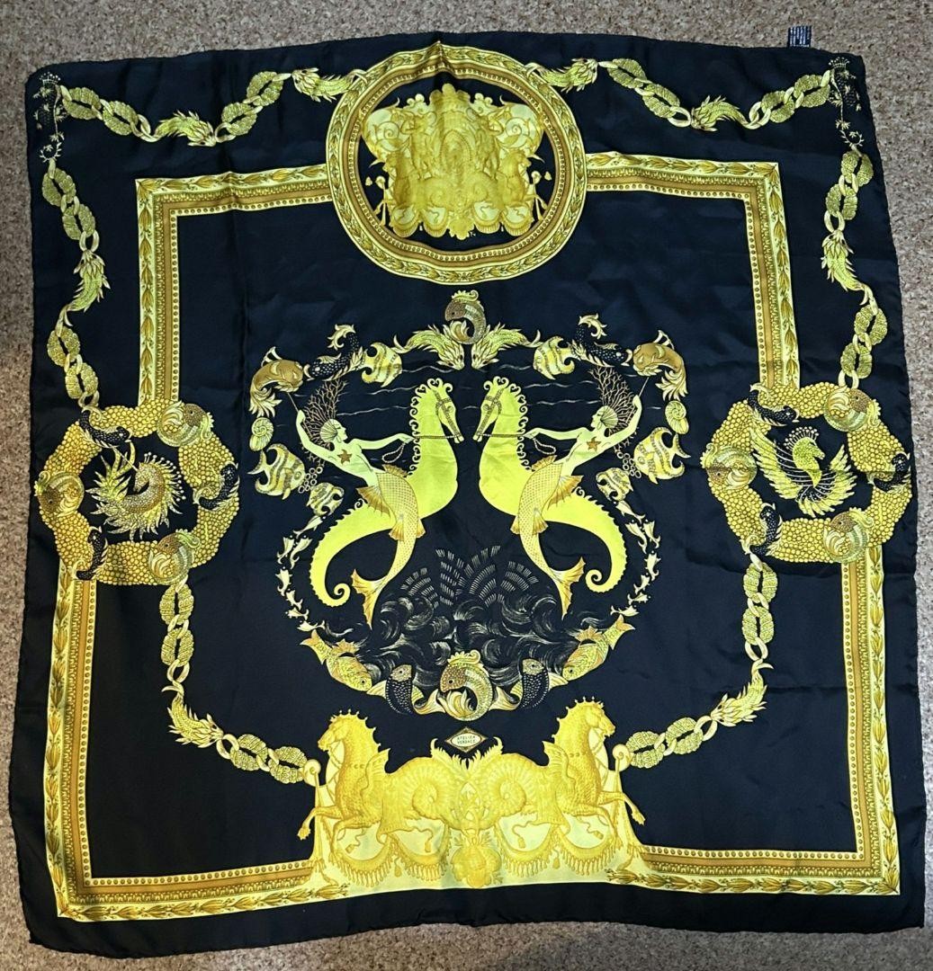 Atelier Versace scarf large silk 86cm 33″ logo black yellow