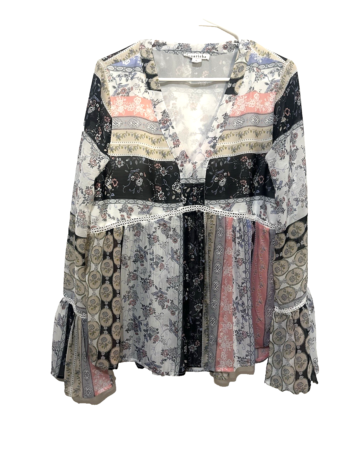 Love Riche blouse women’s L ruffles Vneck  peasant patchwork semi sheer  boho