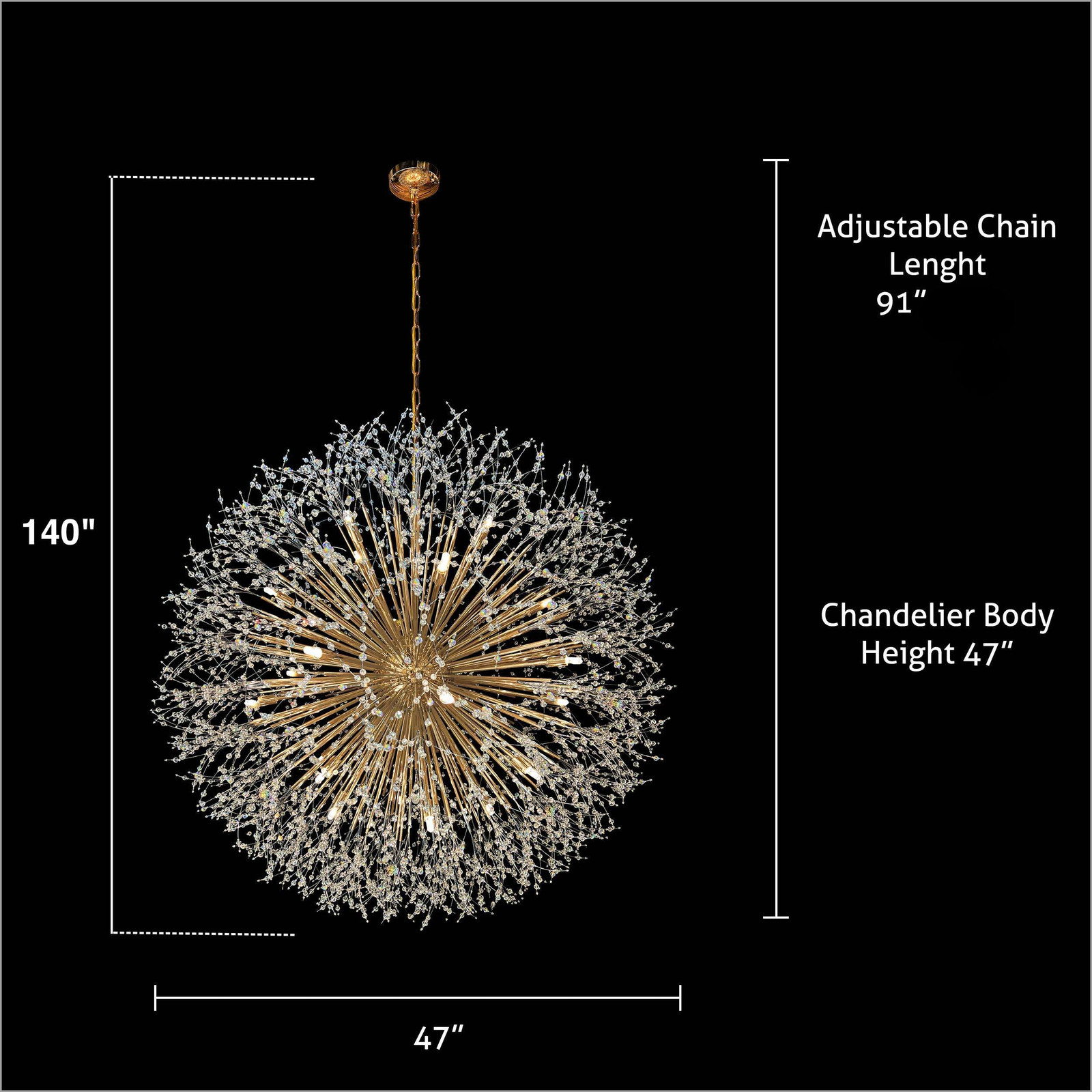 Luxury Gold Crystal Starburst Chandelier - 47" Dimmable Modern Pendant Light