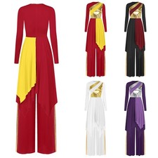 Women's Lyrical Praise Worship Costume Asymmetric Overlays Top Dress With Pants