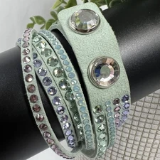 Swarovski Slake Deluxe Wrap Bracelet Sage Green Vegan Suede Crystal Boho Chic