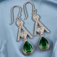 Lab-Created Emerald Green Gemstone 925 Sterling Silver Trendy Dangle Earrings AV