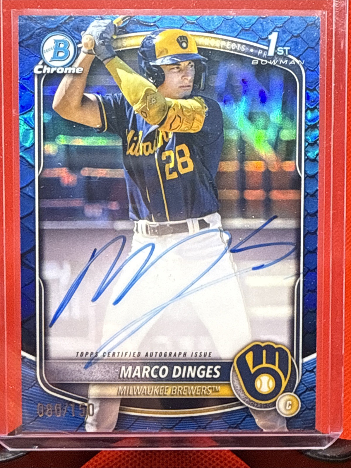 MARCO DINGES 2025 BOWMAN CHROME 1ST BLUE REPTILIAN REFRACTOR AUTO /150