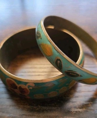 Vintage Cloisonné Enamel Bangle Bracelets   Matching Set of 2, Floral Green-