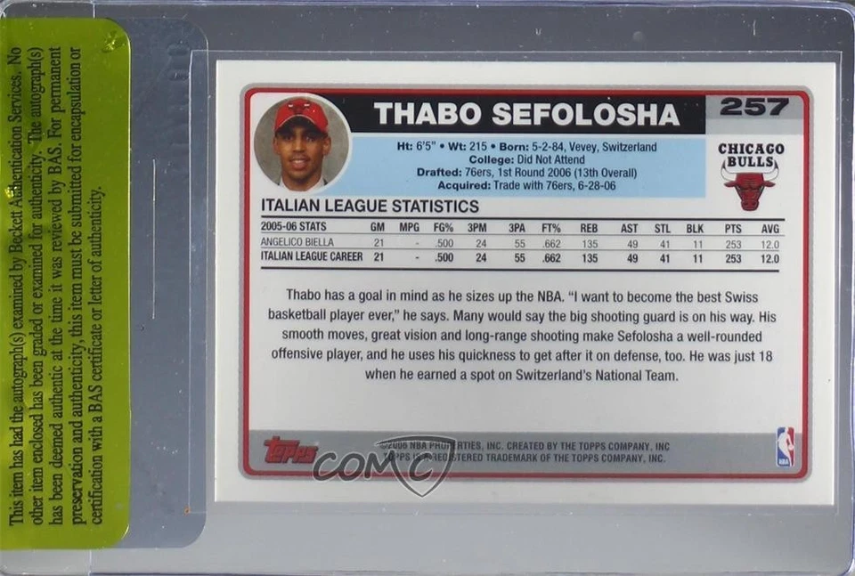 BAS 2006-07 Topps Thabo Sefolosha #257 Authentic Auto Rookie RC - Image 2 of 2