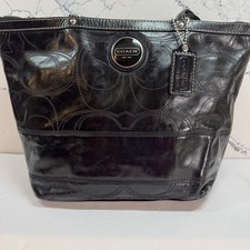Coach Patent Leather Black Tote with Logo Stitching Zip Closure
