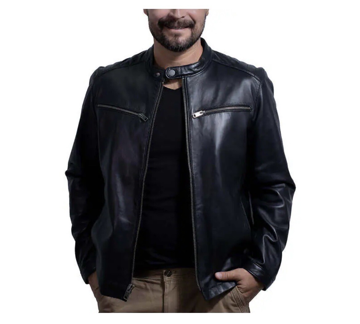 FRYE 100% LAMB LEATHER MEN'S CAFÉ RACER JACKET SIZE Large BLACK