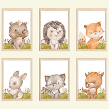 Waldtiere 6er Set Bilder Bär Igel Fuchs Hase Waschbär Reh Kinderzimmer Deko DI