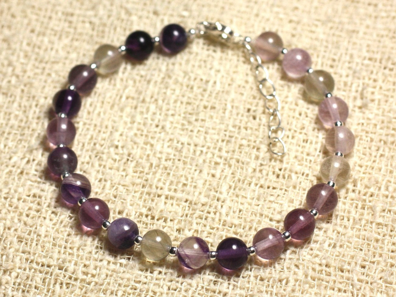 Bracelet argent 925 et pierre véritable - Fluorite rose et violette 6mm lithothérapie
