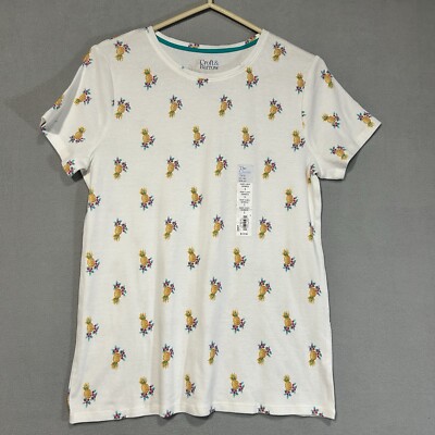 Croft & Barrow Womens Small Pineapple Tee White Cotton Tropical Novelty NWT