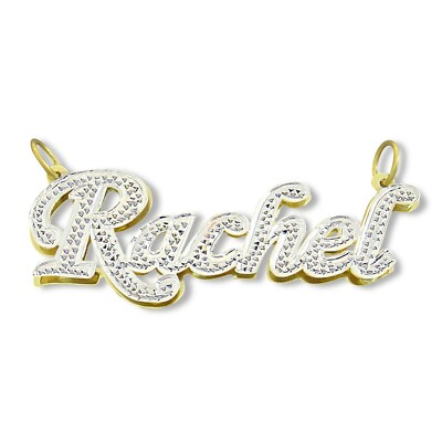 Personalisierter 14K massives Gold Doppelplatte Ice Out Schrift Name Anhänger Charm Kette
