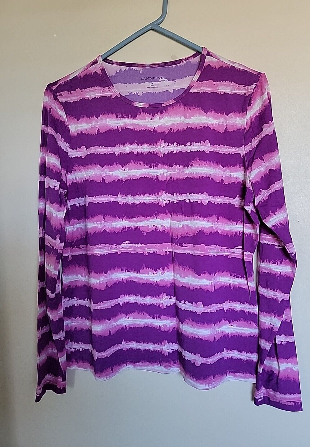 Lands End Womens Size M Purple Pink Print 3/4 Sleeve Stretch Knit Top