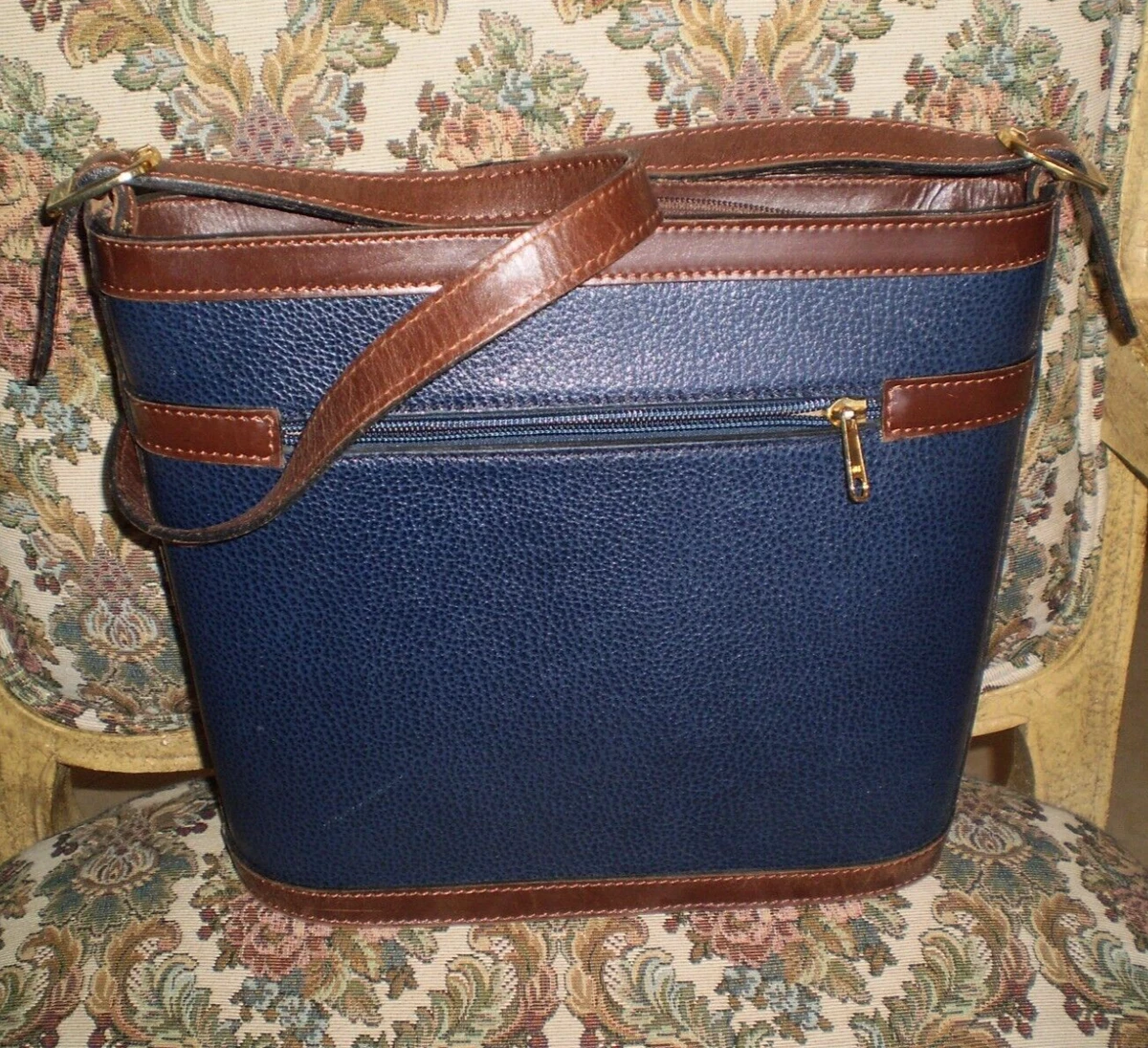 ROSSI CARUSO HANDBAG LARGE PEBBLED LEATHER NAVY BLUE BROWN eBay