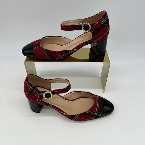 J.Crew Millie Deep Ruby Plaid Patent Toe Ankle Strap Block Heels Pumps Size 6.5 - 第 12/13 張圖片
