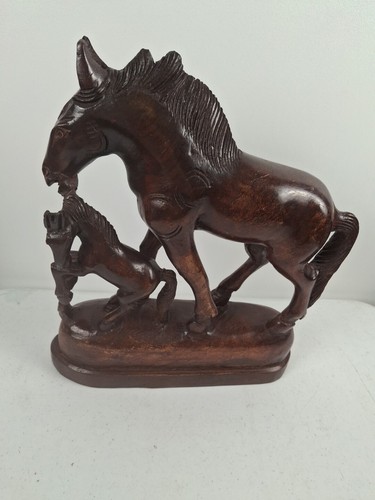 Solid Piece Of Carved Wood Sculptured Young Foal With Mother Magnificent Detail