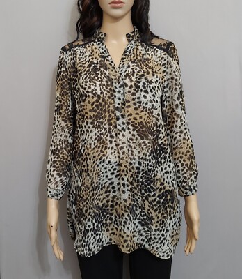 Charming Charlie Size S Sheer Split Neck Roll Tab L/S Animal Print Button Blouse