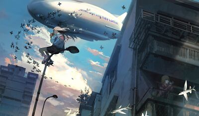 Anime Girls Sky Clouds Balcony Dark Hair Long Hair  Gaming Mat Desk 49093