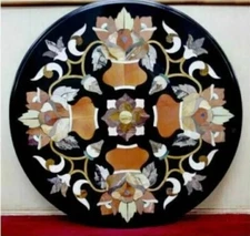 12" Round Black Marble Coffee Table Top Inlay Mother of Pearl Stones Decor Hotel