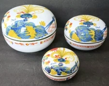 Bruno BROLLI 3 Nested Covered Bowls Blue Carnation Hand Painted Handmade SIGNED