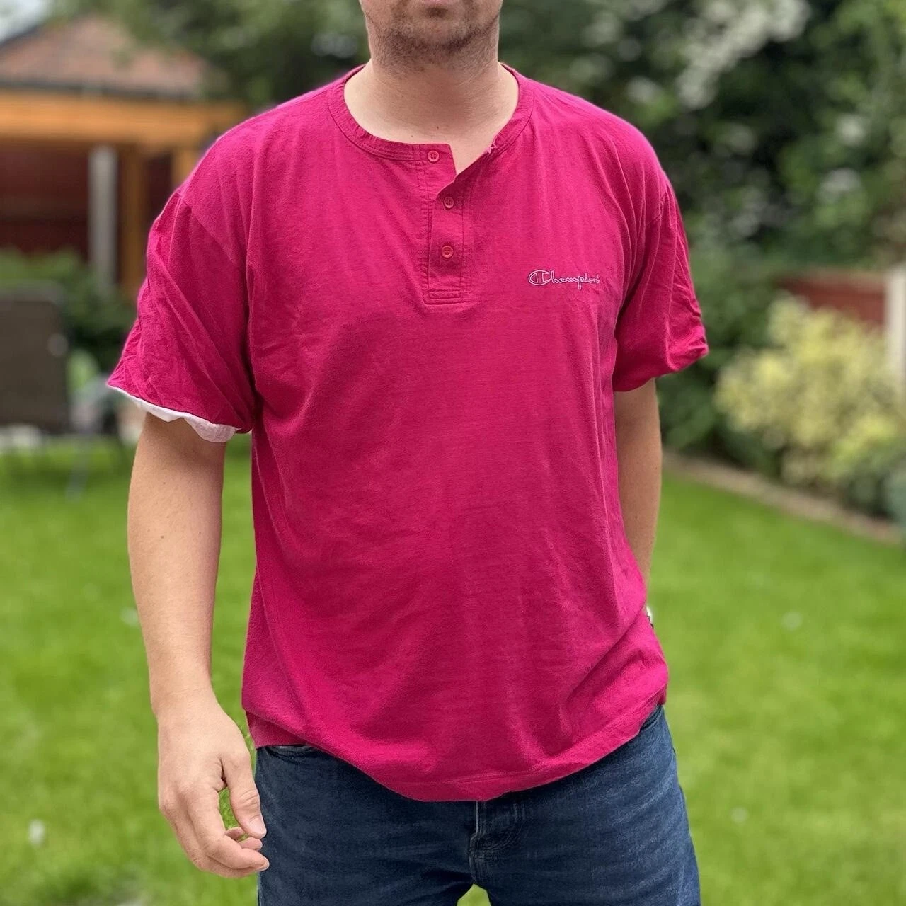 Champion Pink TShirt Men's Size Large Round Neck Short Sleeved Vintage Shirt