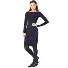 Elie Tahari -1207 Black and Purple Long Sleeve Sweater Midi Dress M