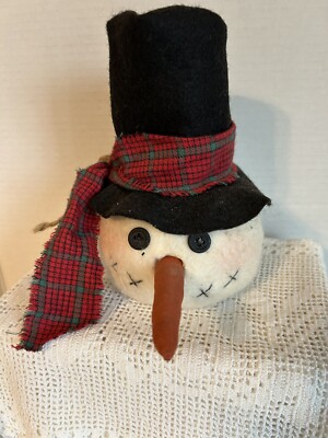 Primitive Handmade Snowman Head Christmas Decor Hat With Rusty Bell And scarf 7 