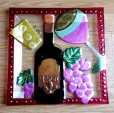 LSARTS Glass Wine And Cheese PLATTER 11.5 Square Vino Bottle Wine Glass Grapes