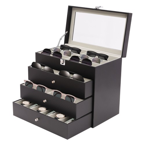 4 Tiers Black Eye Glasses & Watch Case Sunglasses Display Storage Box Organizer - Picture 4 of 12