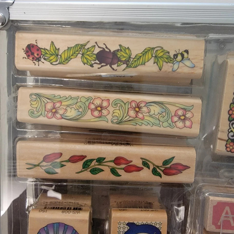 Kit of 78 Wood Block Stamps, Ink Pads, Pens with Clear Acrylic Carrying Case EUC - Image 2 of 4