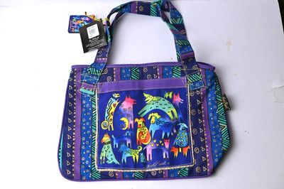 2016 Laurel Burch Mythical Dogs Medium Canvas Purse Tote Bag Handbag Purple Blue
