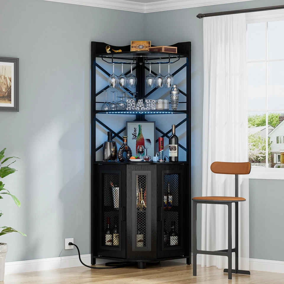 Corner Wine Bar Cabinet with Power Outlets and LED Lights and Wine Glass Holder - Image 2 of 4