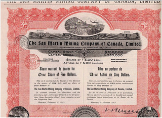 The San Martin Mining Co. of Canada Ltd. Montreal 1912 warrant one share