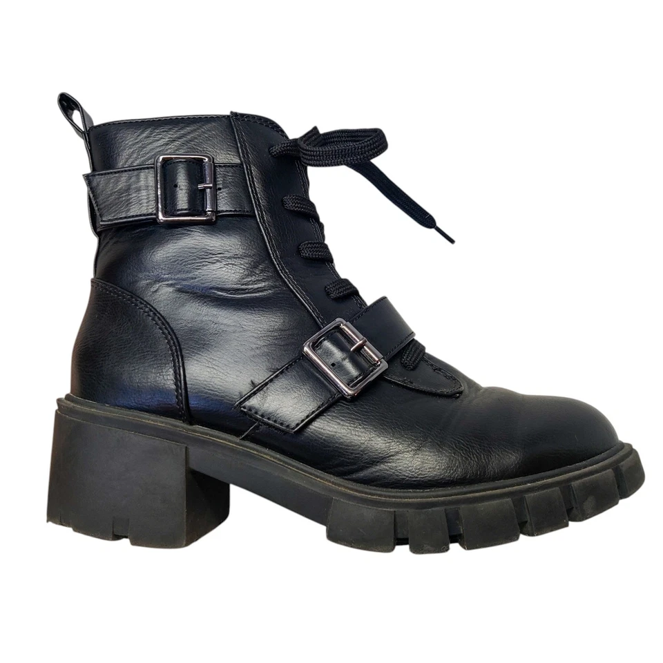 Seychelles Harley Black Faux Leather Moto Combat Boots 11 Wide Lug Sole Grunge - Image 4 of 4